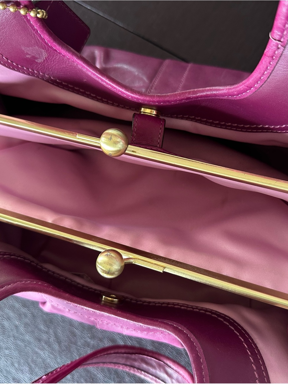 Coach Magenta Leather Kiss-Lock Satchel with Gold Hardware - Picture 7 of 7